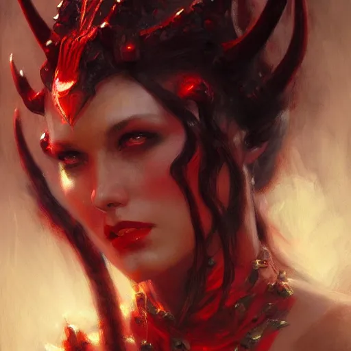 Image similar to attractive demon queen with red eyes painting by gaston bussiere, luis rollo, craig mullins, close - up portrait, digital painting, highly detailed, artstation, sharp focus, illustration, concept art, full hd