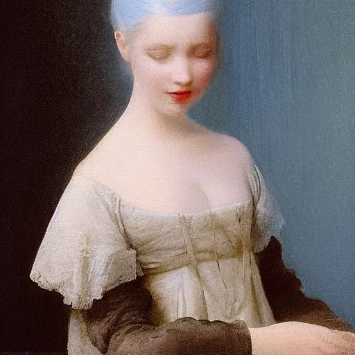 Prompt: a young woman’s face, her hair is white, she wears a long flowing blue satin veil, by ivan aivazovsky and pieter claesz and paul delaroche and alma tadema and august malmstrom and and willen claesz heda and aelbert cuyp and gerard ter borch, hyperrealistic, volumetric light, helios 40 lens, rendered in octane, c4d