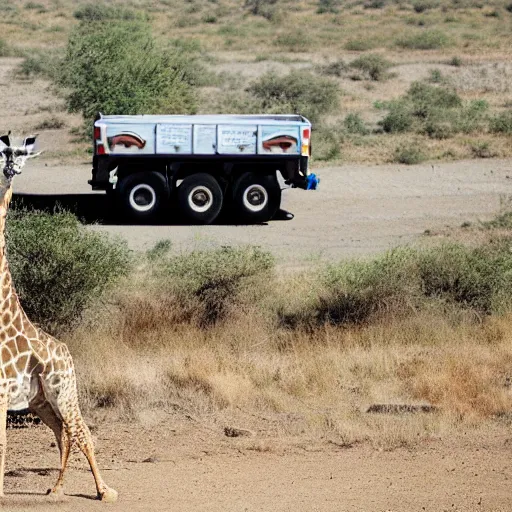 Prompt: a giraffe in a safari truck in south africa watching humans drink water mid dat