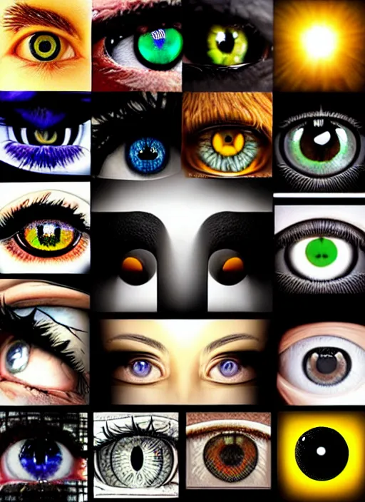 Image similar to grid montage of cube shaped eyes, square shaped black dilated pupils, cube shaped irises, detailed colored textures, square eyelashes, advanced art, art styles mix, from wikipedia, wet reflections in square eyes, sunshine light, hd macro photograph, from side, various eyelid positions, square black pupil centered