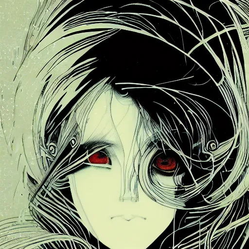 Image similar to yoshitaka amano blurred and dreamy realistic illustration of a japanese young woman with black eyes, wavy white hair fluttering in the wind wearing elden ring armor with engraving, abstract patterns in the background, satoshi kon anime, noisy film grain effect, highly detailed, weird portrait angle, blurred lost edges, three quarter view