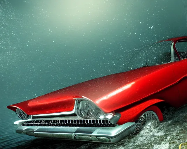 Image similar to red 1 9 5 8 plymouth fury submerged under water, cinematic, photoreal, by red dead redemption 2