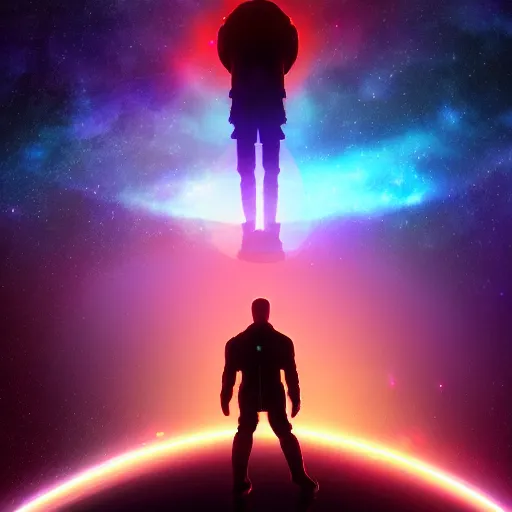 Image similar to man standing on the edge of the galaxy, futuristic, stylistic, 4 k, digital art, trending on artstation