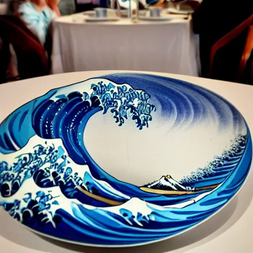Image similar to a white and blue sculpture of The Great Wave off Kanagawa on a table