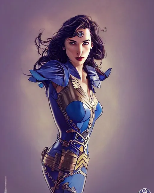 Prompt: in the style of joshua middleton, artgerm, beautiful gal gadot, steampunk, full body, blue dress, elegant pose, middle shot, spooky, symmetrical face, symmetrical eyes, detailed realisitc eyes, detailed realistic eyes, detailed and intricate