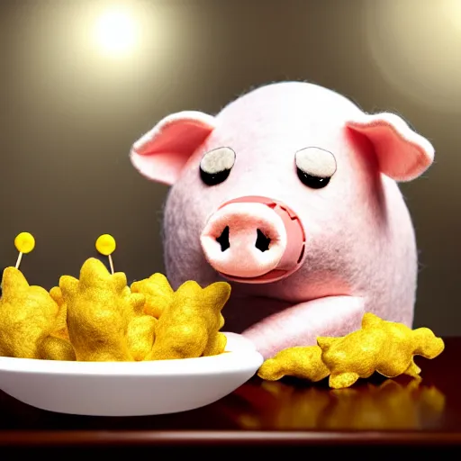 Image similar to realistic photo of a cute felt stuffed animal pig wearing a gold crown eating a bowl pork rinds and pickles at table with a bib on, high quality, cinematic concept art