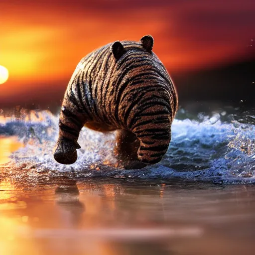 Image similar to a closeup photorealistic photograph of a cute smiling knitted tiger hippopotamus chasing a beachball at sunset. surf in the background. professional capture. this 4 k hd image is trending on artstation, featured on behance, well - rendered, extra crisp, features intricate detail, epic composition and the style of unreal engine.