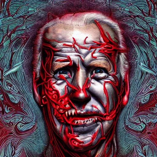 Image similar to biden became bloody ugly lovecraftian degenerate abomination, photo - realistic, color image, 2 k, highly detailed, bodyhorror, occult art, fractal structure