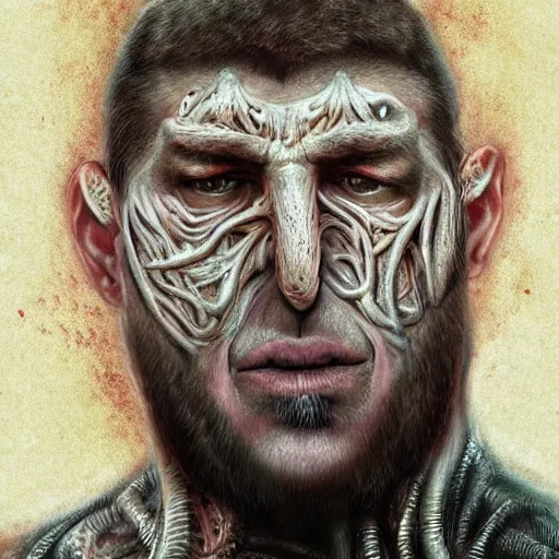 Prompt: bodyhorror portrait of ramzan kadyrov who became an ugly lovecraftian monstrosity, photo - realistic, color image, 2 k, highly detailed, horror, by giger