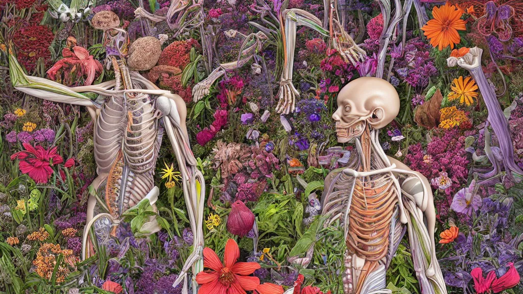 Image similar to highly detailed illustration of a human anatomy body surrounded by all the known species of flowers by juan gatti, by michael reedy!!, by moebius, by oliver vernon, by joseph moncada, by damon soule, by manabu ikeda, by kyle hotz, by dan mumford, by kilian eng