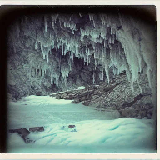 Image similar to a dark glacier cave with a low ceiling, small stream of water, icicles, deep, dark, creepy, eerie, unsettling, terrifying, old polaroid, expired film, deep, rough water,