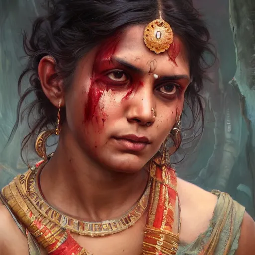 Prompt: portrait painting of a muscular bloodied indian girl thick, ultra realistic, concept art, intricate details, eerie, highly detailed, photorealistic, octane render, 8 k, unreal engine. art by artgerm and greg rutkowski and alphonse mucha