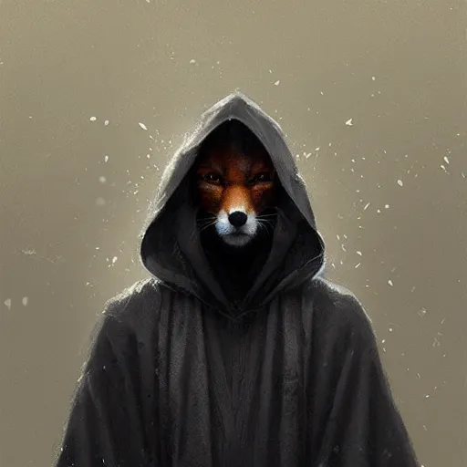 Image similar to A portrait of an anthropomorphic fox in a black hooded robe by Greg Rutkowski