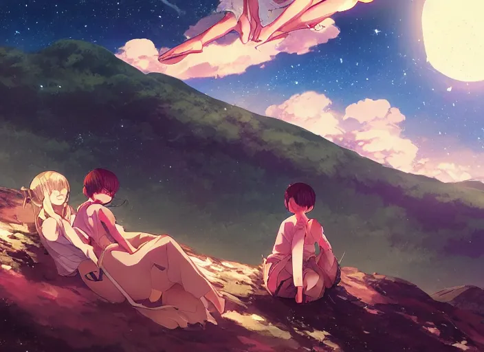 Image similar to watching the stars at night, on a mountain, laying down, by wlop, anime key visual, poster