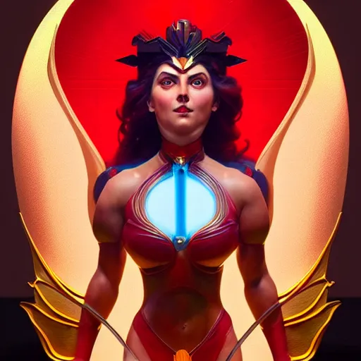 Image similar to darna, wax figure, glowing eyes, volumetric lights, red and cyan theme, art nouveau botanicals, intricate, highly detailed, digital painting, artstation, concept art, smooth, sharp focus, cinematic, illustration, beautiful face, art by artgerm and greg rutkowski and alphonse mucha