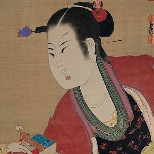 Image similar to the Chinese ancient painting of a lady drinking beer in Tang Dynasty , by Han Xizai