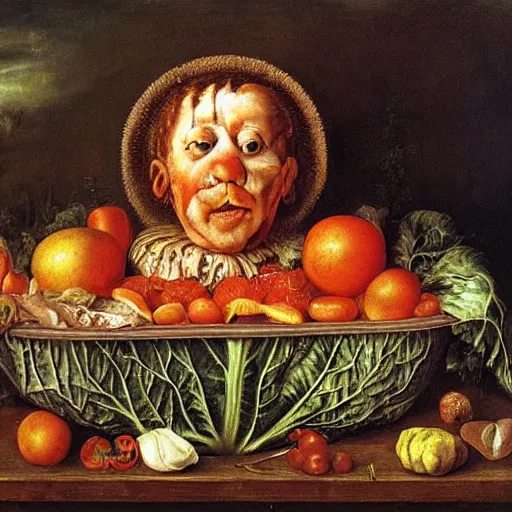 Prompt: a boy sitting in a tub full of tomato sauce, a lot of cabbage, by giuseppe arcimboldo and ambrosius benson, renaissance, portrait, fruit, detailed oil paint, high definition