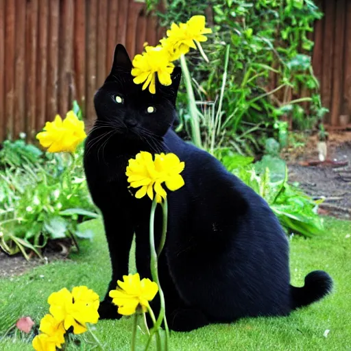 Prompt: yellow flower cat, black bombay cat, happy, cheery, garden, smile