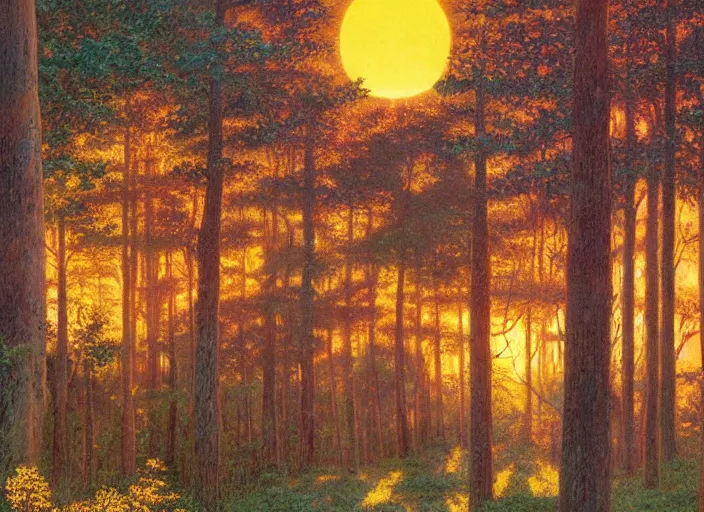 Image similar to the sun rose over the horizon and bathed the forest with a warm golden glow. the trees of the forest seemed to stretch toward the sky, reaching for the light of day. & d concept art, d & d wallpaper, warm, walls painted blue, blue walls, digital art. art by james gurney and larry elmore.