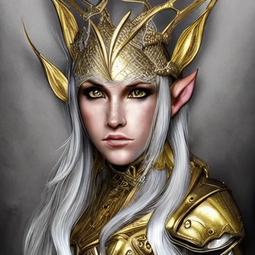 Image similar to side portrait!!! of a female elven warrior, fantasy, head tilted down, white hair, gold armour, gold jewelry, white skin, detailed face, trending on artstation, gsociety, D&D, elegant, highly detailed, sophisticated, hyperrealistic!!!!!, detailed illustration, smooth, sharp focus, upper body, intricate, rule of thirds, holy glow, backlit, hd 4k by Greg Rutkowski, Charlie Bowater, Karol Bak