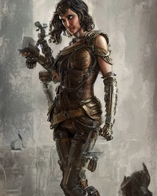 Image similar to highly detailed steampunk gal gadot standing, steel age : leonardo da vinci, greg rutkowski, magali villeneuve