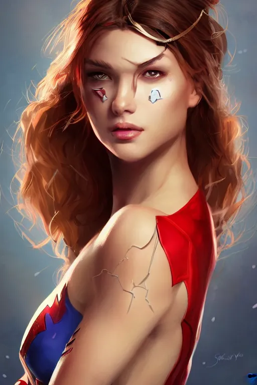 Image similar to three quarters portrait pose of a beautiful woman,super hero costume,super powers,heroic pose,highly detailed, digital painting, artstation,illustration, art by Stanley Lau