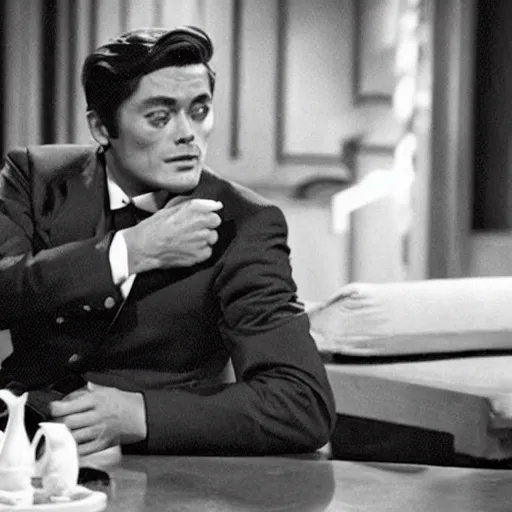 Image similar to film still of alain delon in shark tank