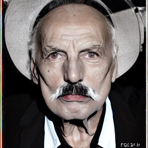 Prompt: old freddie mercury singer at age 9 0 years old, color ( sony a 7 r iv, symmetric balance, polarizing filter, photolab, lightroom, 4 k, dolby vision, photography award ), vogue, perfect face, movie poster