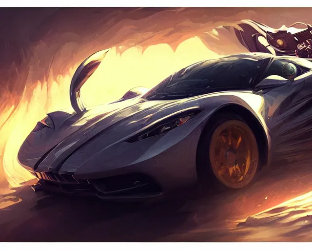 Image similar to sports car action shot, deep focus, d & d, fantasy, intricate, elegant, highly detailed, digital painting, artstation, concept art, matte, sharp focus, illustration, hearthstone, art by artgerm and greg rutkowski and alphonse mucha