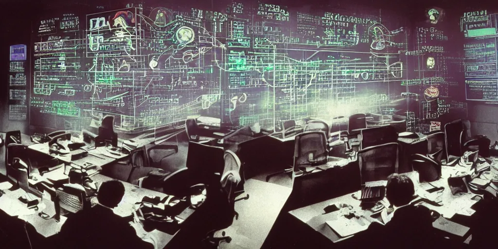 Image similar to colorful muted film still of a wall street board room, ridley scott, crazy fearful atmosphere, bankers crying, stock market crash symbols on the wall, 1 9 8 0 s science fiction, dark science fiction movie