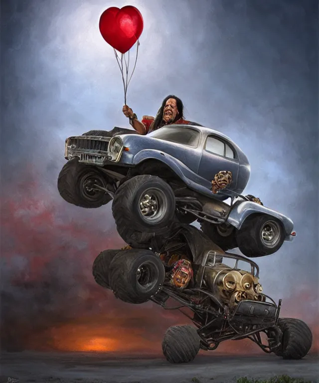 Prompt: danny trejo, cinematic, driving monster truck grave digger, holding a balloon elegant, highly detailed, digital painting, artstation, smooth, hard focus, illustration, art by jessica rossier and and brian froud