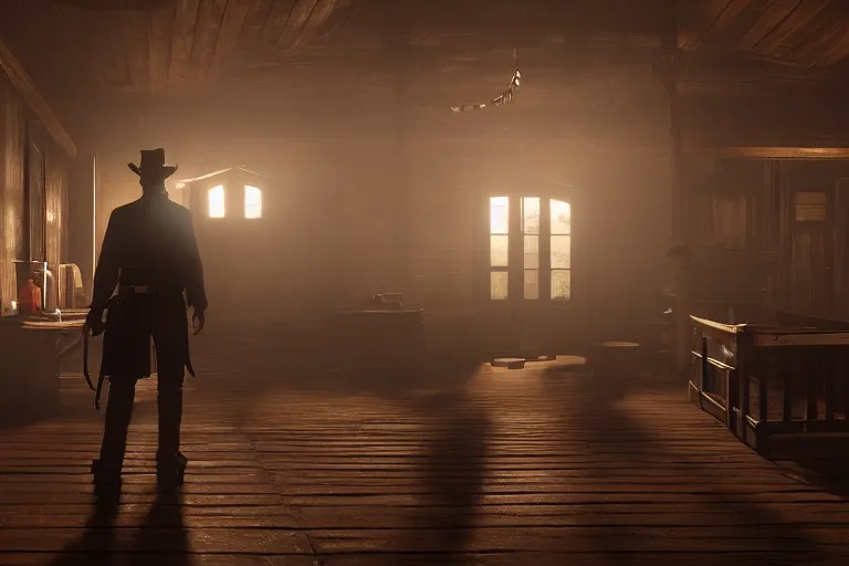 Prompt: a cinematic wide angle photograph of arthur walking into a saloon in red dead redemption 2, beautiful lighting, high depth, ultra realistic, artistic, by michal karcz and john harris