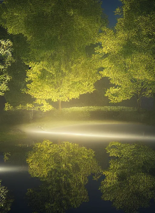 Image similar to photography at night of an ethereal pond with a central sunlight glare, mystical, cyber lights, masterpiece, epic, cinematic, hyperealistic, high detailed, corona render, hdr, ray tracing