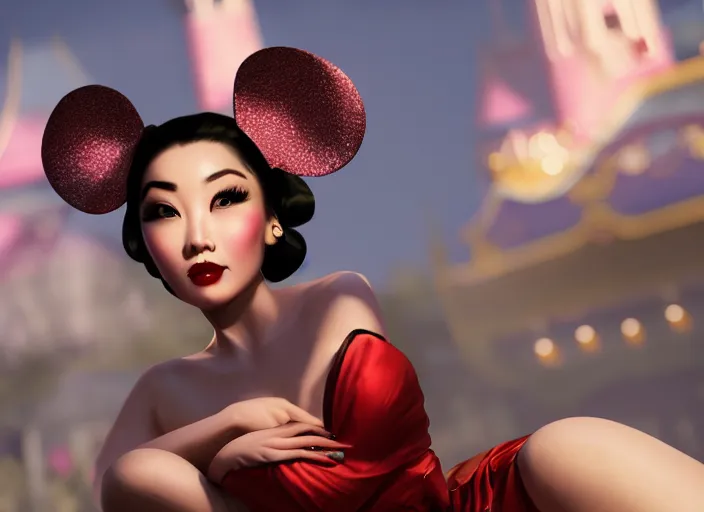 Image similar to beautiful bald chinese woman with pinup girl makeup at disneyland wearing mouse ears, night, epic cinematic hyperrealism masterpiece, realistic poster with shaded lighting by craig mallismo, artgerm, jeremy lipkin and michael garmash, unreal engine, radiant light, detailed and complex environment, octane photoreal 3 d render, art station trends