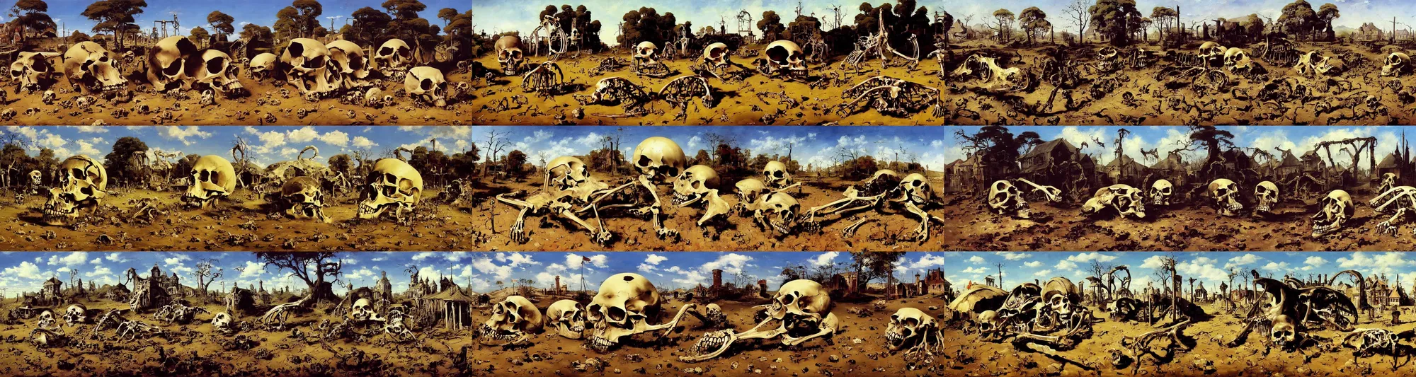 Prompt: old village, cartwheel lunapark, skeleton corpse, oversized destroyed skull on ground, daytime, ground broken, noon, oil painting landscape by frazetta