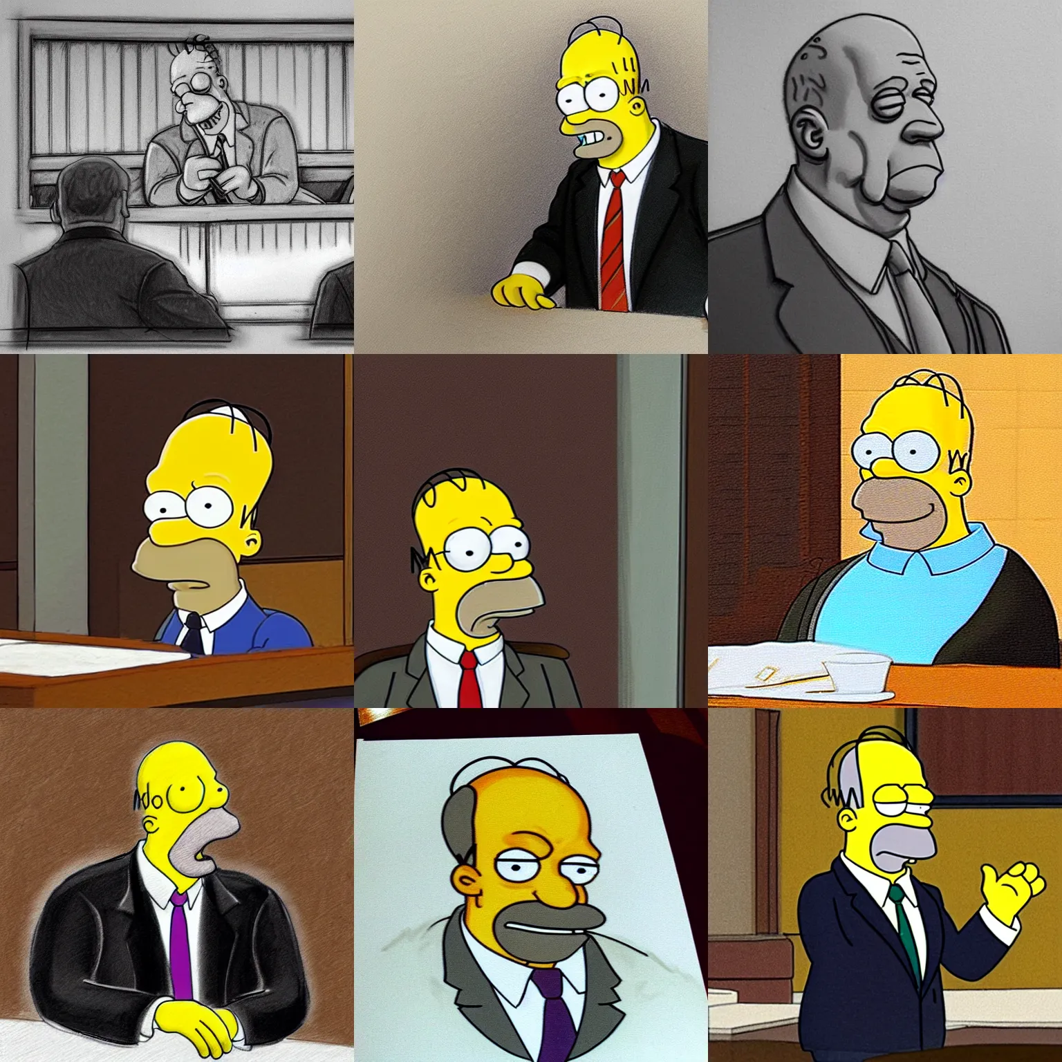 Prompt: homer j simpson in a the simpsons episode, in the bar, courtroom sketch