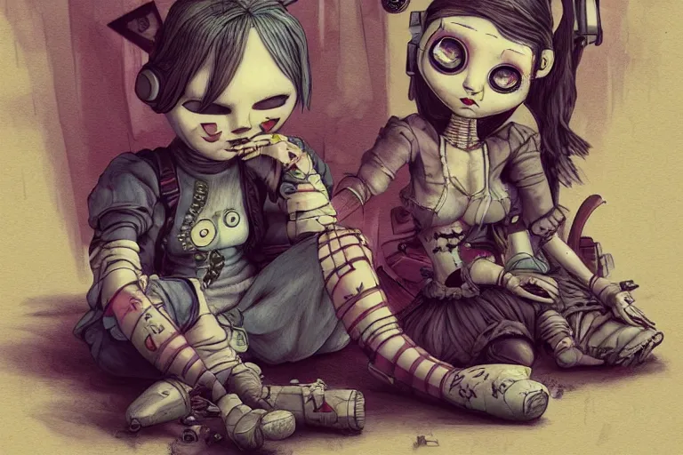 Prompt: cell shaded cartoon of a sad patchwork doll sitting alone in a crowd, cyberpunk, post grunge, elegant baroque, concept art, highly detailed, sharp focus, dark retrowave, trending on artstation, hq, deviantart, japanese gothic