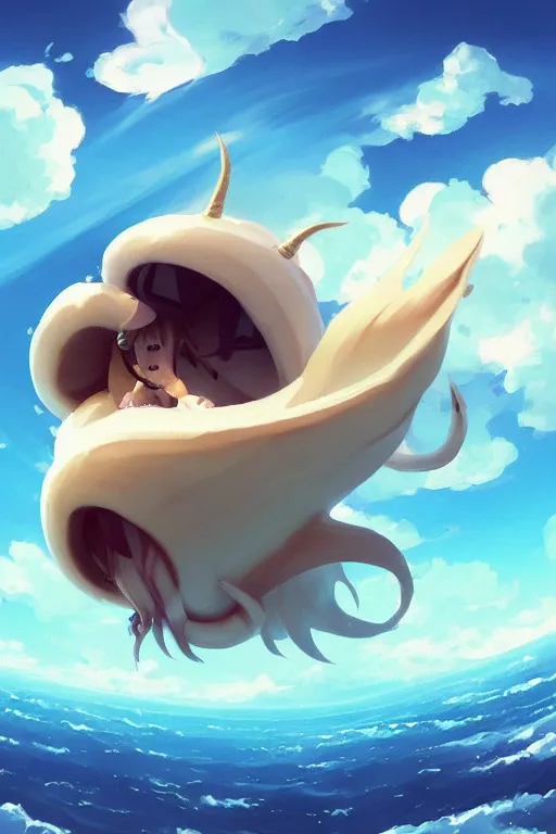 Image similar to a very cute sea slug with long horns, by rhads, makoto shinkai and lois van baarle, johannes voss, low angle fisheye view, sky whith plump white clouds, elegant, highly detailed, artstation, 8 k, unreal engine, hdr, concept art, volumetric lighting matte