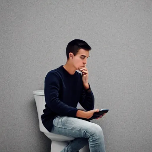 Prompt: a young man sitting on top of the toilet scrolling tiktok on his iphone, distant thoughtful look