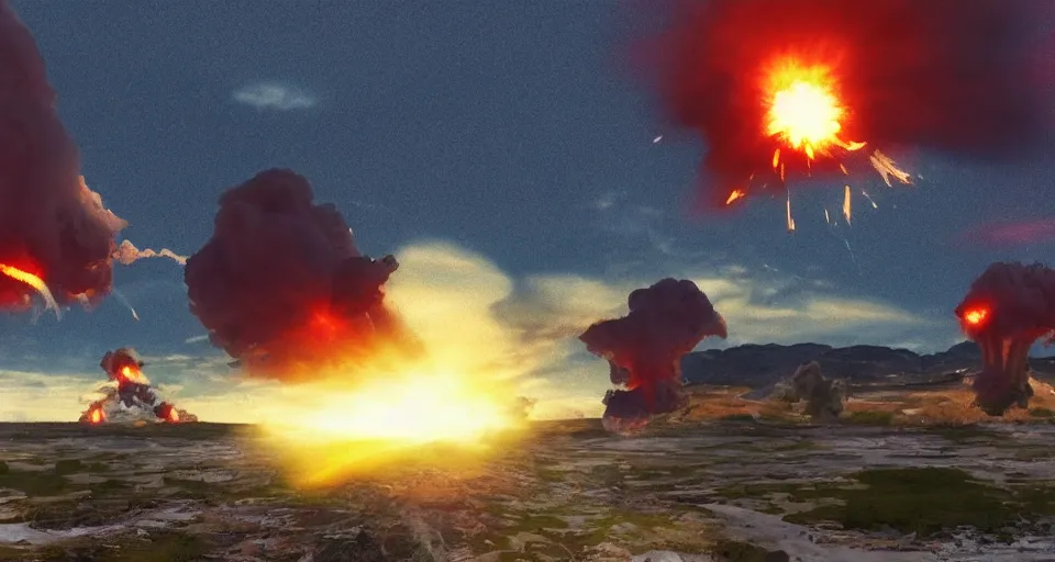 Image similar to nuclear explosion, youtuber points with shocked expression, photorealism