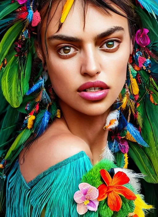 Image similar to beautiful portrait of Irina Shayk wearing fantastic Hand-dyed cotton dress,embellished beaded feather decorative fringe knots ,colorful pigtail,subtropical flowers and plants,symmetrical face,Pantone,intricate,elegant,highly detailed,8k,post-processing,digital painting,trending on pinterest,harper's bazaar,concept art, sharp focus, illustration, by artgerm,Tom Bagshaw,Lawrence Alma-Tadema,greg rutkowski,alphonse Mucha