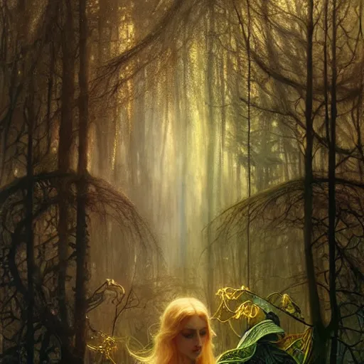 Prompt: dreamy enchanted forest, surreal, fantasy, intricate, elegant, dramatic lighting, emotionally evoking symbolic metaphor, highly detailed, lifelike, photorealistic, digital painting, artstation, concept art, smooth, sharp focus, illustration, art by John Collier and Krenz Cushart and Artem Demura and Alphonse Mucha and Albert Aublet