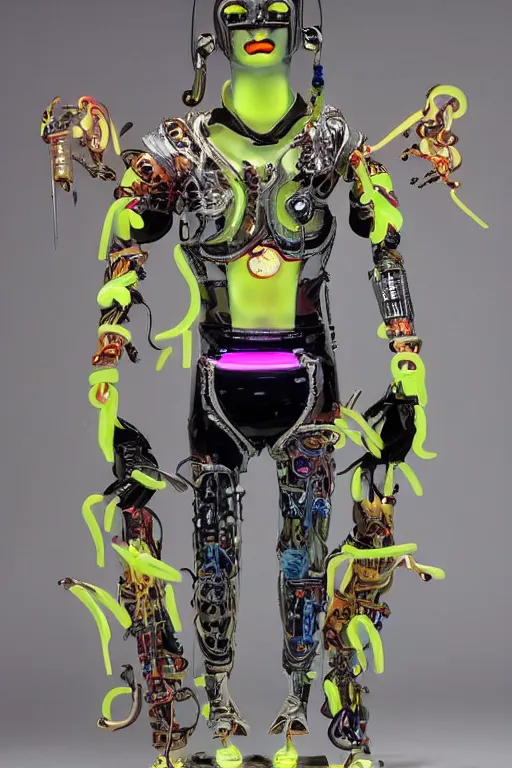 Image similar to full-body neon porcelain bladerunner style sculpture of a young handsome Peruvian ninja as a half android with a porcelain chest opening exposing circuitry and electric sparks, glowing laser beam eyes, crown of giant diamonds, flowing neon-colored silk, fabric, raptors. baroque elements. full-length view. baroque element. intricate artwork by caravaggio. Very very very very highly detailed epic photo of face. Trending on artstation, octane render, cinematic lighting from the right, hyper realism, octane render, 8k, depth of field, 3D