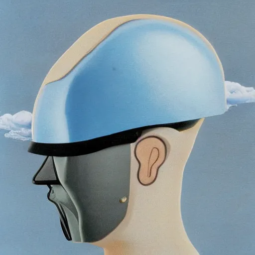 Prompt: a detective with a robotic helmet in the style of Salvador Dali and René Magritte, the sky is baby blue with anime style clouds