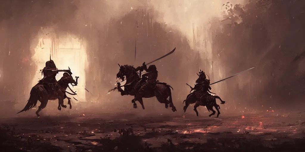 Image similar to a painting of a cinematic keyframe of two medieval knights fighting with swords at midnight by greg rutkowski, dark fantasy art, high detail, trending on artstation