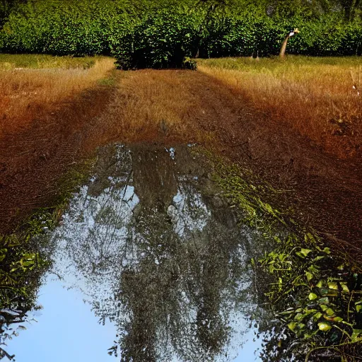 Prompt: A reflective puddle in an orchard, in the style of tomas sanchez