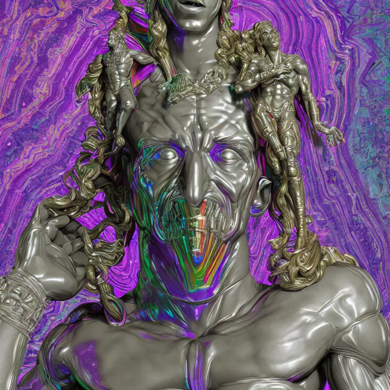 Image similar to stylized rainbow bismuth ornate statue full body made of marble of judas, perfect symmetrical body, perfect symmetrical face, hyper realistic, hyper detailed, by johannen voss, by michelangelo, octane render, blender, 8 k, displayed in pure white studio room luxury