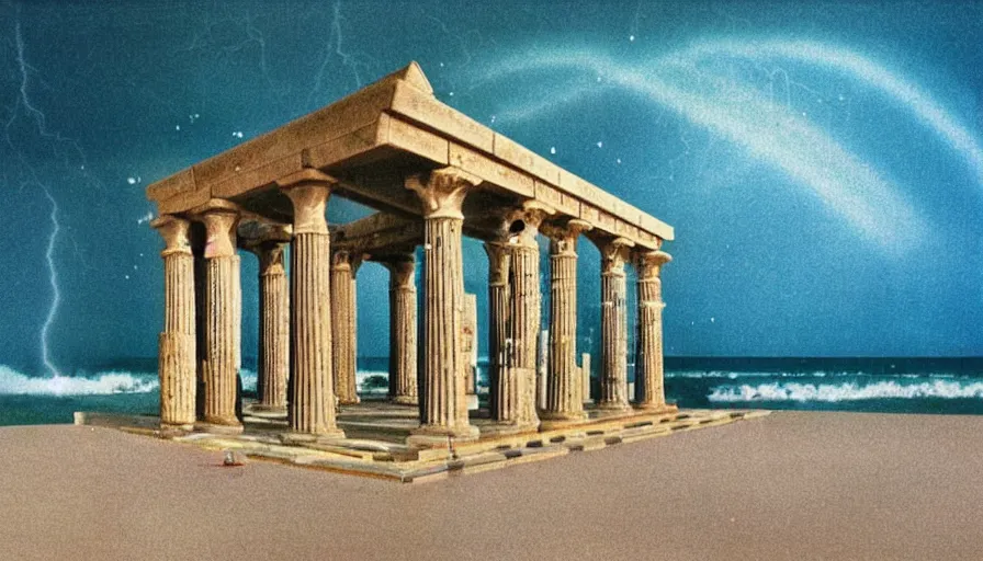 Image similar to A 1985 vintage magazine architecture photo of a beach doric temple, mediterranean architecture, refracted lines and sparkles, thunderstorm outside, beach on the background major arcana sky and occult symbols, hyperrealistic, award-winning, 1985