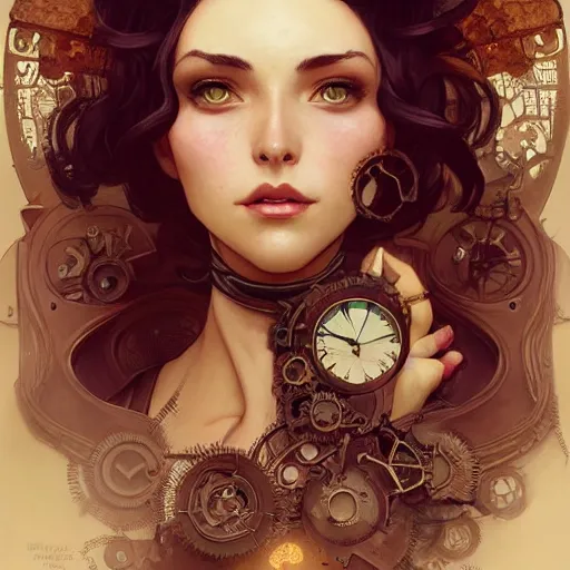 Image similar to woman, steampunk, intricate, elegant, highly detailed, digital painting, artstation, concept art, smooth, sharp focus, illustration, art by artgerm and greg rutkowski and alphonse mucha