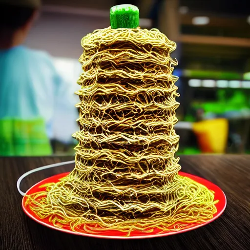 Image similar to indomie mi goreng noodles tower, marketplace, solarpunk, photo realistic, gourmet